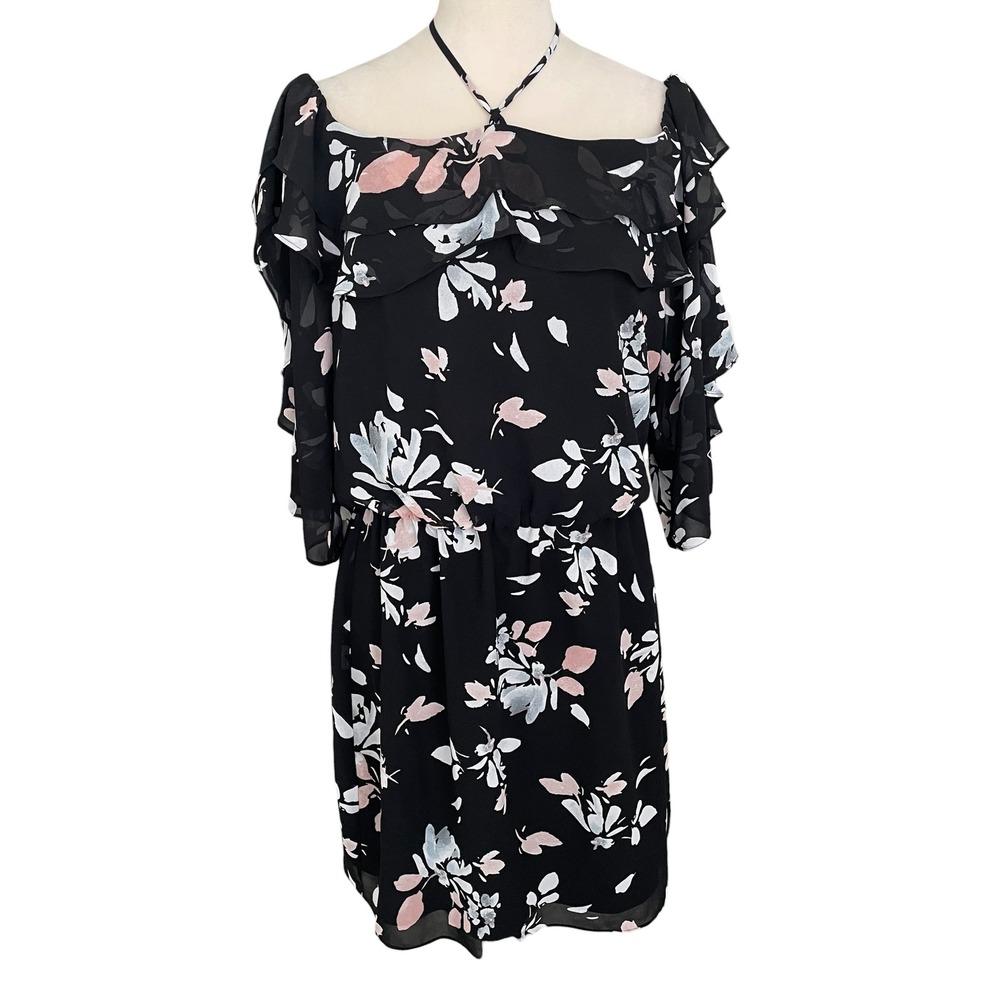 White House Black Market Floral Off Shoulder Halter Dress Black Pink Size 12